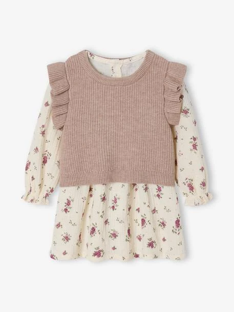 Ensemble 2 pièces bébé robe imprimée et pull sans manches écru - Vertbaudet