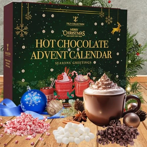Calendrier de l'Avent 2023 au chocolat chaud | Coffret cadeau de chocolat chaud 24 jours avec mini guimauves pour chocolat chaud | Canne sucre | Chocolat | Coffret cadeau de chocolat chaud aromatisé