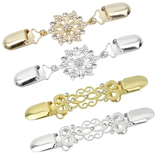XIAQICA 4 Pièces Pince à Pull, Pinces à Cardigan Vintage, Shawl Clip pour Châle Pull Orné Strass, Métal Cardigan à Fleurs Creuses Bouton Connexion Accessoires Broche pour Femmes Filles