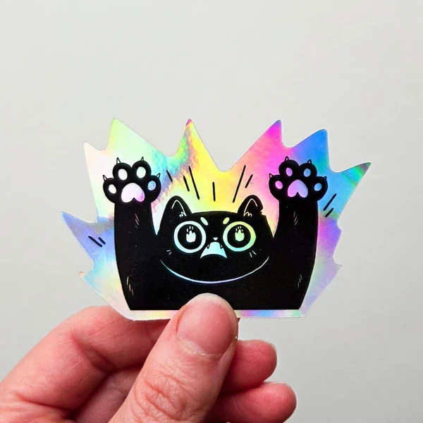Sticker holographique chat noir - « Attack ! - joli cadeau pour les amoureux des chats