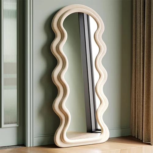 Miroir sur Pied Miroir ondulé 160x60cm,Miroir Mural en Bois enveloppé de Flanelle,Miroir Autonome ou Suspendu,Blanc, Miroir pour Dressing,Salon,Chambre,Couloir