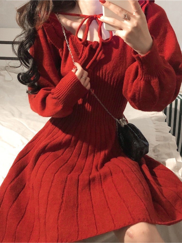 Herstory – robe longue tricotée à manches longues bouffantes, col rond, taille nouée, Preppy, douce, élégante, Chic, printemps, 2022