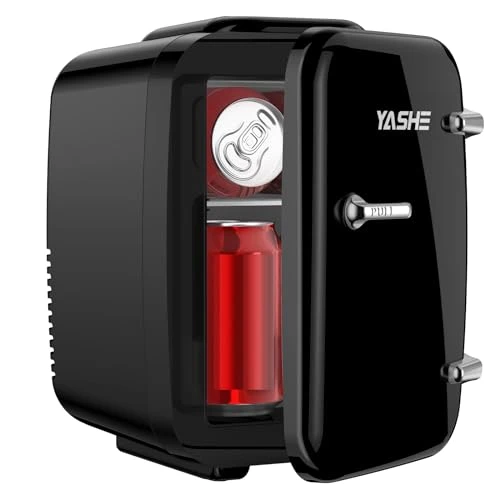 YASHE Mini Frigo de Chambre, 4 Litres/ 6 Canettes, Petit Frigo Thermoélectrique CA/CC pour Boissons, Nourriture, Beauté, Bureau, Dortoir, Voiture, Noir