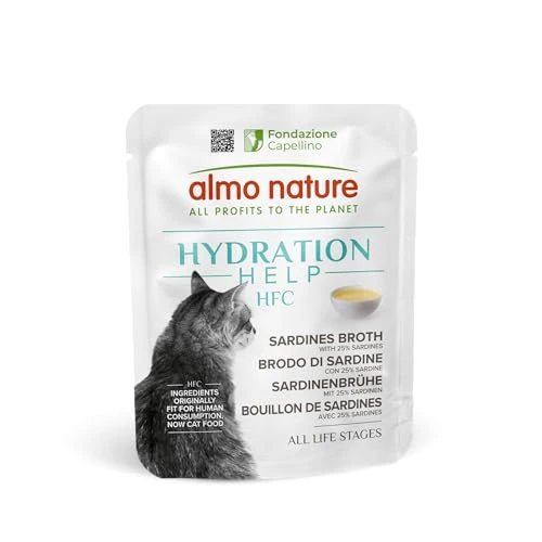Almo Nature HFC Hydration Help, Aliment Humide pour Chats - Bouillon de Sardines avec Sardines - Qualité Humaine, sans Gluten, Monoprotéique, 50g, Pack de 24, 1,2 kg