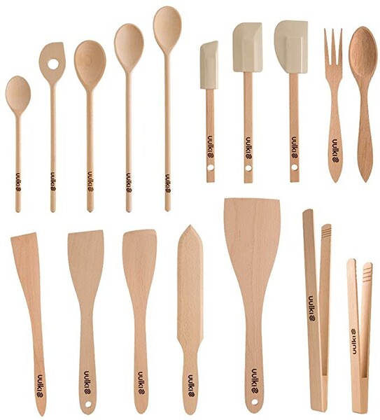 Uulki® Ensemble d'Ustensiles de Cuisine Écologiques en Bois 17 pièces – en Hêtre Non Traité d'europe (cuillères, retourneurs, spatules, Pinces Cuisine BBQ, Couverts à Salade, retourneur de crêpe): Amazon.fr: Cuisine & Maison