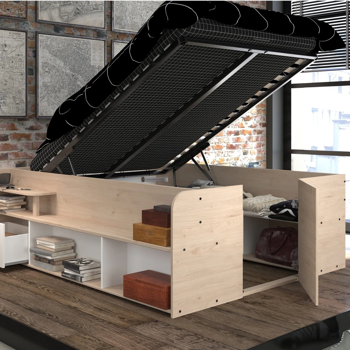 Lit coffre avec multiples rangements