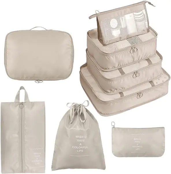 Bansga Ensemble de 8 Organisateurs de Voyage emballant des Cubes Sac de blanchisserie Bagage de Compression Organisateur pour des vêtements(Beige)