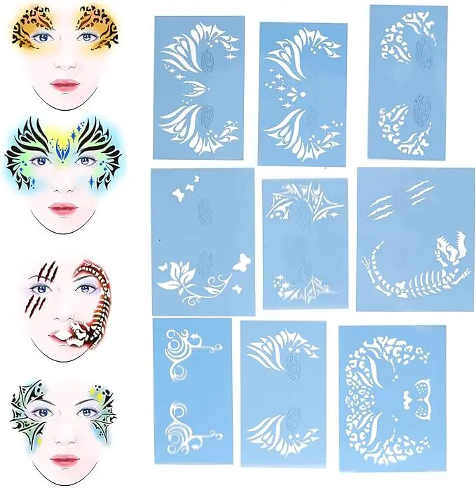 9pcs Kit de Pochoirs de Peinture de Visage Ensemble de Peinture de Corps Modèle de Peinture Lavable Outil de Beauté de Maquillage Pratique Riche Réutilisé Halloween Fête de Vacances Cosplay Salon