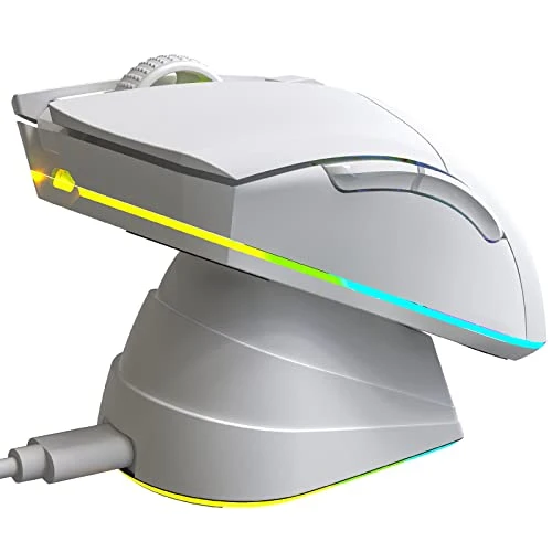 KLIM Blaze Pro - Souris Gamer sans Fil RGB Rechargeable avec Station de Charge - Nouveauté 2024 - Capteur Haute Précision avec Batterie Longue Durée - 6000 DPI - Souris Filaire et sans Fil - Blanc