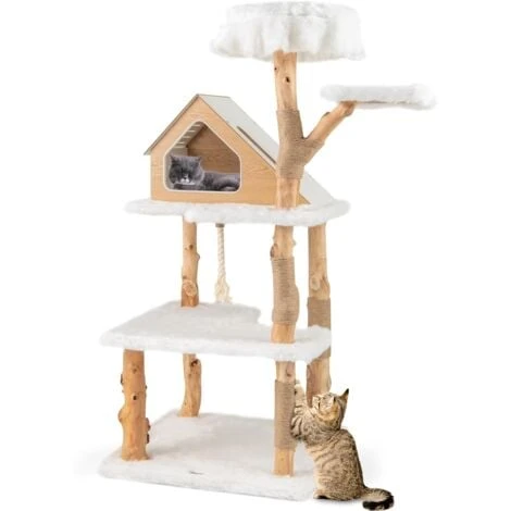 COSTWAY Arbre a Chat XXL 150 cm, Arbre a Chat Bois, 5 Plateformes, 2 Poteaux à Griffer en Jute, Condo, Grand Arbre a Chat Intérieur, Bois de Poirier, Tissu Pelucheux Long, 69 × 69 × 150 cm