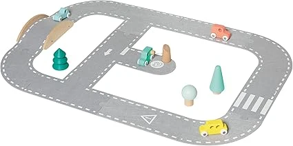 Janod - Circuit Voiture Bolid en Feutrine et Bois FSC - Jouet Premier Age - Circuit Feutrine + 4 Voitures + 5 Accessoires - Dès 2 Ans, J04631