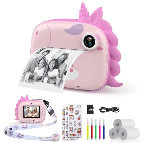 HiMont Appareil Photo Numérique Instantané,avec Papier d'impression &amp; Carte TF 32G, Caméra Vidéo avec Stylos Colorés pour Le Bricolage, Cadeau pour Filles Garçons de 3-14 Ans