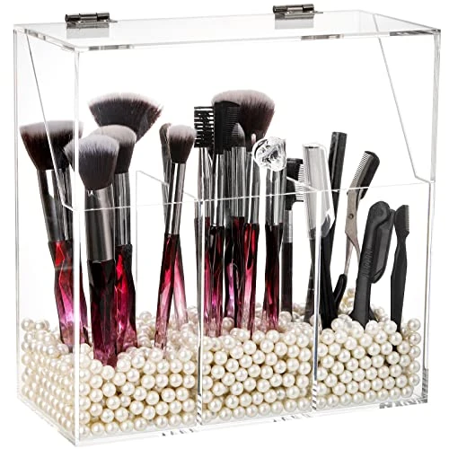Okllen Porte-pinceaux de maquillage avec couvercle anti-poussière et perles blanches, organiseur de pinceaux de maquillage transparent en acrylique avec 3 compartiments, grande boîte de rangement pour