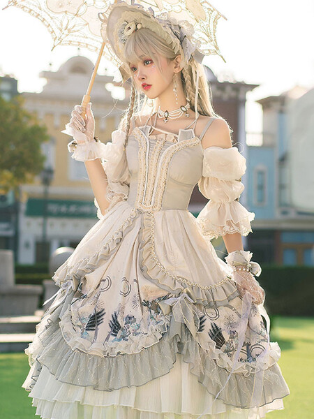 Douce Lolita Mariage OP Robe Imprimé Fleur Gris Claire Lolita Une Pièce Robe