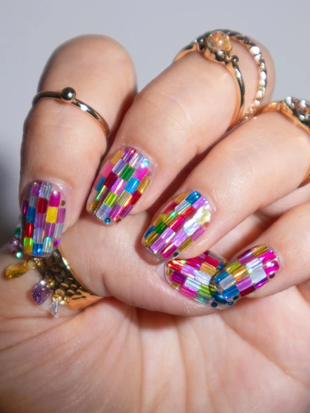 Ongles à presser colorés réutilisables Tetris, Ongles à presser haut de gamme, Ongles courts à presser, Ongles à presser 3D, Art coréen d'ongles,