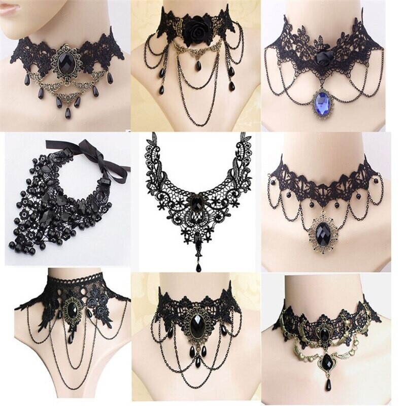 Collier ras du cou en dentelle pour femmes, style gothique, Sexy, en cristal noir, Vintage victorien, bijoux Steampunk