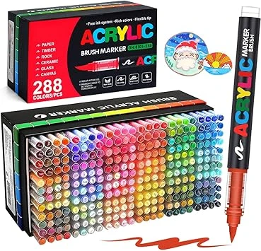 Laconile 288 Couleurs Feutre Acrylique, stylos acryliques à pointe pinceau pour le coloriage adulte ，Acrylic Paint Markers pour Coloriage, Calligraphie, Bois, Toile, Verre, Céramique (288)