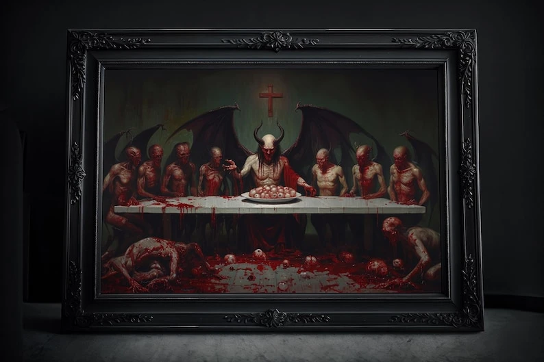 Das letzte Abendmahl Kunstdruck: Satan, Teufel, Gothic Gemälde, Dunkle Kunst, Dark Academia Malerei, Horror Poster, Düsteres Wandbild
