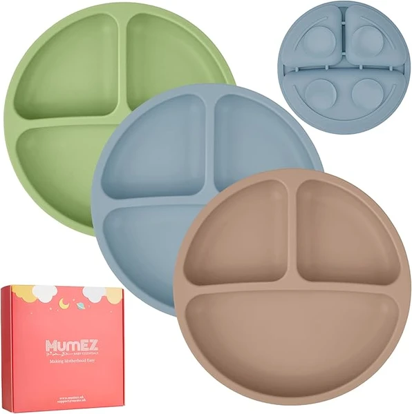 MumEZ Lot de 3 assiettes à ventouse en silicone pour bébé - Assiettes de sevrage pour plateau de chaise haute - incassables, portables, antidérapantes (café + bleu + vert)