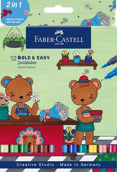 Faber-Castell 164815 - Goldfaber Sketch Marker, 12 marqueurs à alcool avec pointe pinceau et pointe fine