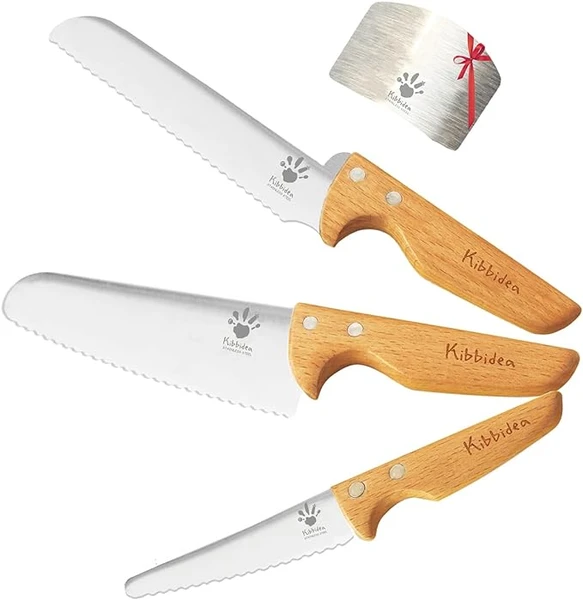 Kibbidea 4 Pièces Couteau Cuisine Enfant, Acier Inoxydable, Couteaux de Cuisine Enfant à partir de 3 ans, Manche en Bois, Couteaux de Chef pour Enfant