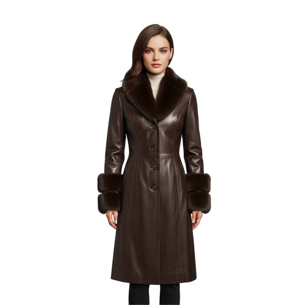 Handmade Brown Leather Long Coat – Fur Collar & Cuffs, Winter Outerwear