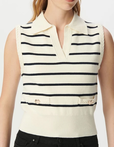 Pull polo blanc tricot rayures marine Femme