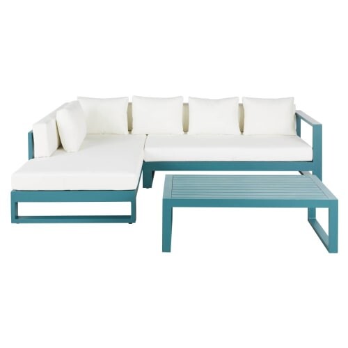 Salon de jardin 4/5 places en aluminium bleu canard et coussins blancs Thetis | Maisons du Monde