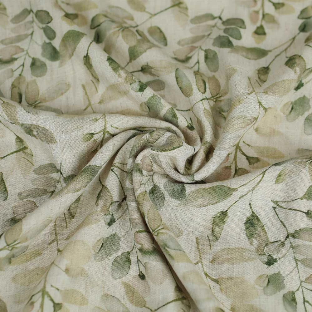 Tissu viscose-lin Lisy à motif feuillage vert et beige | Tissu pour couture d'habits fluide et léger