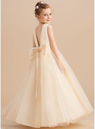 Pour Sharone: Robe Marquise/Princesse Longueur ras du sol Robes à Fleurs pour Filles - Satiné/Tulle Sans manches Col rond avec Brodé/À ruban(s) (010225314)