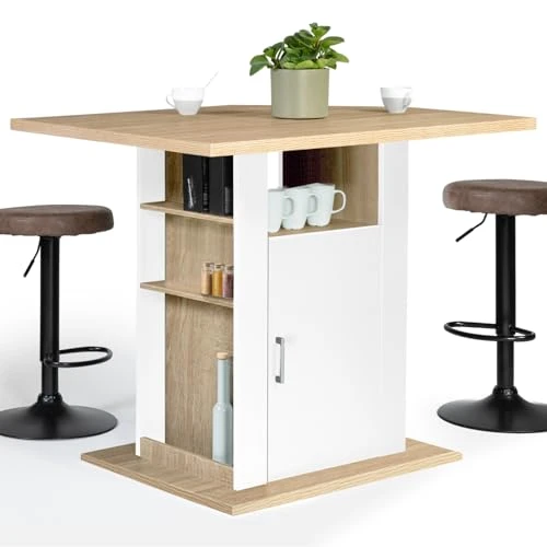 IDMarket - Ilot central UGO 110 cm bois blanc et imitation hêtre avec rangements