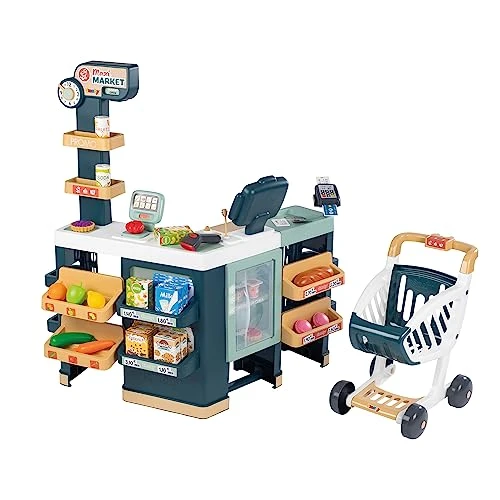 Smoby Supermarché Maxi avec Chariot - Caisse enregistreuse sans Fonction réelle, Zone d'emballage, Lecteur de Code à Barres, Balance, réfrigérateur et 50 Accessoires, Jouet pour Enfants de 3 Ans
