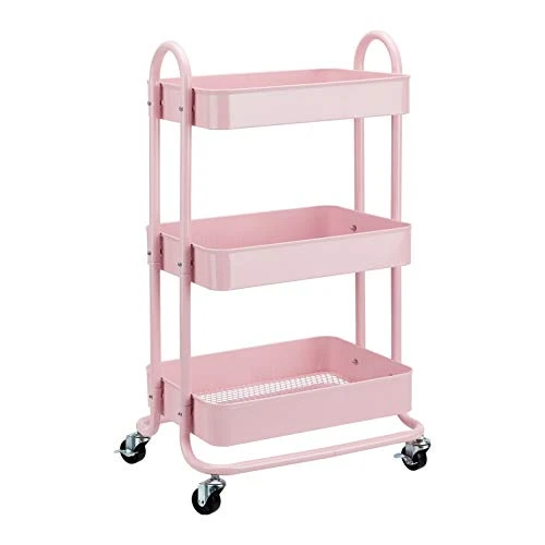 Amazon Basics Chariot de rangement à 3 niveaux pour la cuisine ou la buanderie avec roulettes - Rose poudré