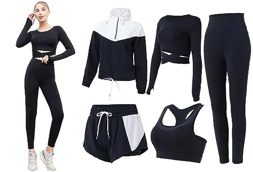ZETIY 5 Pieces Femme Survêtement de Fitness Yoga Ensemble Tenue de Sport Jogging Gym Pilates Sportwear Tennis Vêtements - Noir - L