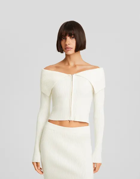 Gilet manches longues zippé col Bardot