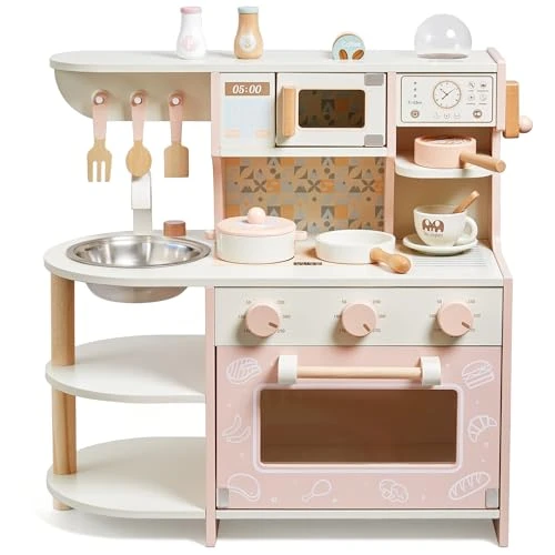 Cuisine de jeu pour tout-petits, jouets en bois pour enfants avec cafetière, accessoires de cuisine, cadeau pour filles et garçons âgés de 3, 4, 5, 6 ans