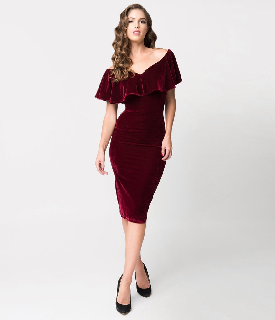 Unique Vintage Burgundy Red Velvet Draped Sophia Wiggle Dress