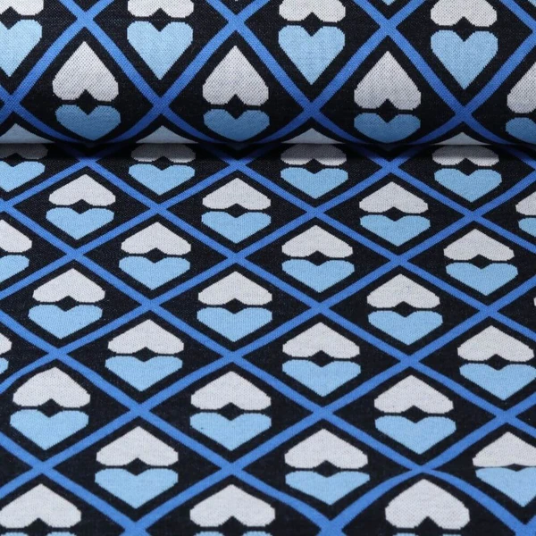 Jersey jacquard bio - Hamburger Liebe Hand on Heart ASS Noir Bleu