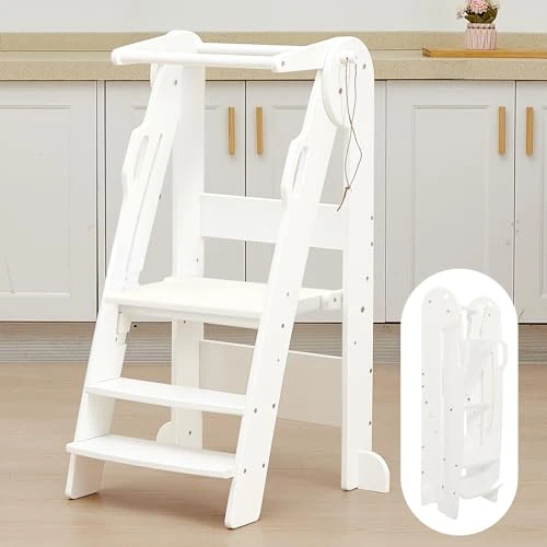 FUNLIO Tour Montessori Pliable Réglable en Hauteur sur 3 étages, Tour d Observation Enfant, de 2 à 6 Ans, Tour d'observation Montessori avec Rails de sécurité, Facile à Assembler, approuvé CE - Blanc