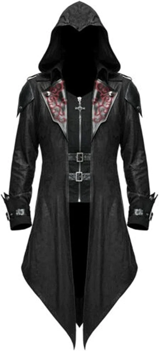 Jiumaocleu Trench-coat gothique à capuche pour homme – Manteau médiéval victorien – Manteau Steampunk, médiéval, Halloween, mascarade rétro – Costume d'épissure – Taille P à 5XL