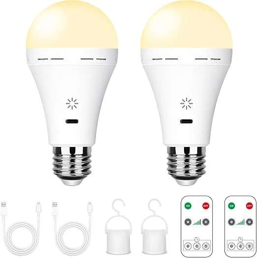 Ampoule LED Rechargeable E27 avec Télécommande & Tactile, 3000K, Lot de 2 | Batterie 2600mAh, LED Dimmable 7W 700lm, Charge USB-C, 3 Minuterie, Crochet, pour Lampes Sans Câblage, Extérieur