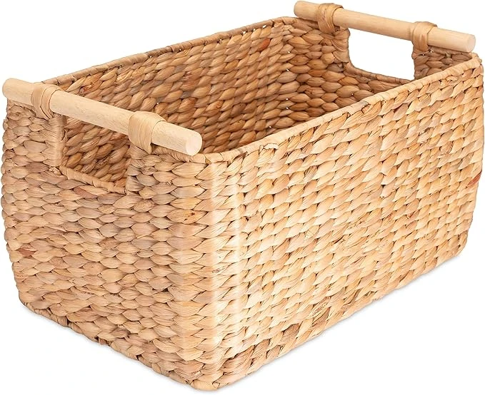 Decorasian Storage Basket braided from water hyacinth - seagrass, long and narrow with wooden handle