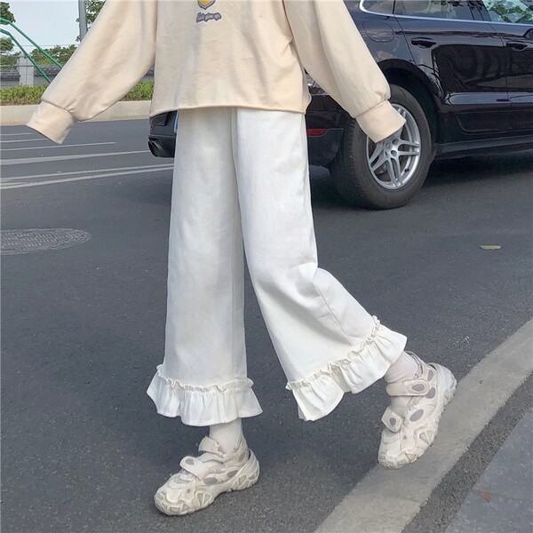 Pantalon doux japonais Kawaii pour femmes, bas à volants, taille haute, ample, élastique, couleur unie, pour étudiantes