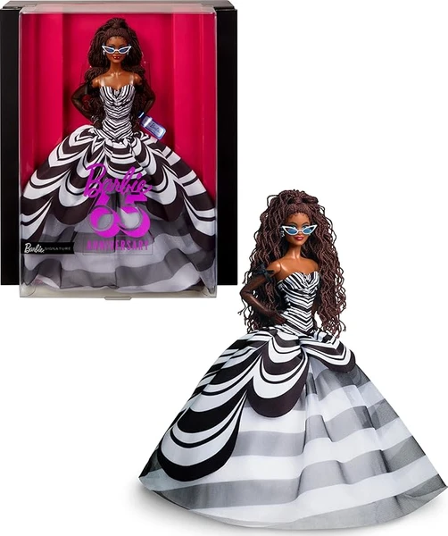 Barbie Signature 65th Anniversary Collection Doll with Brown Hair Braided, Black and White Dress, Sapphire Earrings and Sunglasses, HRM59