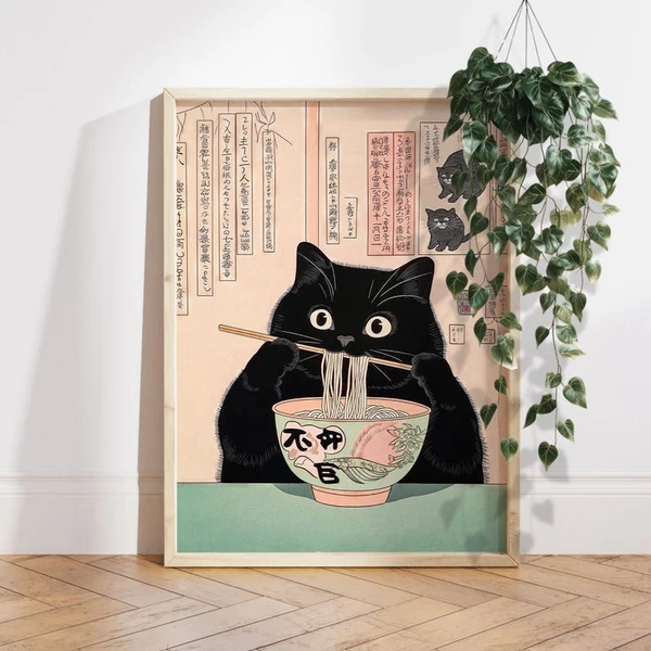 Chat noir mangeant des nouilles, impression d'art du Japon, décoration murale japonaise, affiche minimaliste neutre, art mural esthétique, cadeau