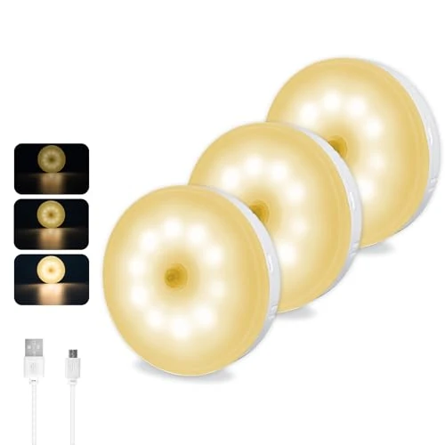 Akynite Lot de 3 détecteurs de mouvement LED 0,5 W à intensité variable Blanc chaud 3000 K 10 LED Rechargeable par USB Veilleuse Détecteur de mouvement magnétique pour escaliers, couloirs, armoires