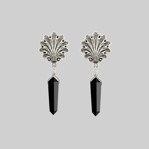 PILGRIM. Ornate Scallop Shell Earrings - Silver & Black Agate – REGALROSE