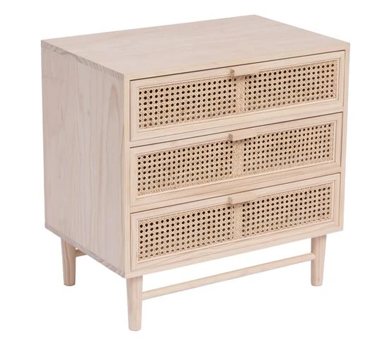 Commode Chambre Scandinave Bois 3 Tiroirs Rangement Naturel Cannage Rotin