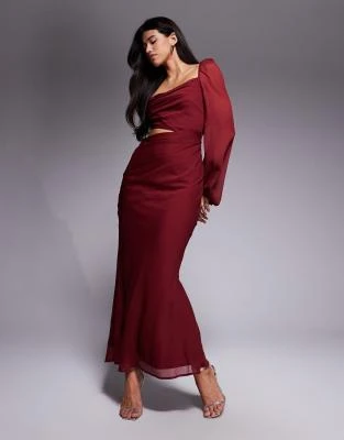 ASOS DESIGN - Robe longue effet drapé à manches blousantes et découpe - Mûre