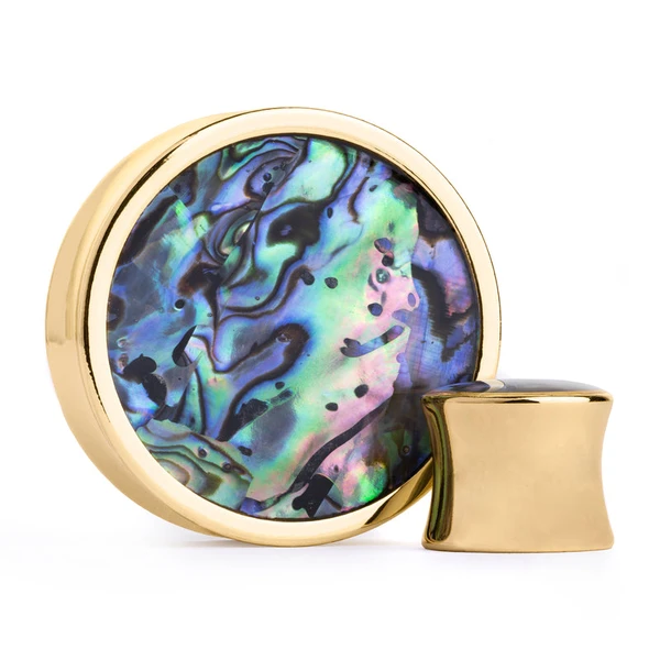 Abalone Inlay Heavy Brass Metal Ear Gauge / Plug